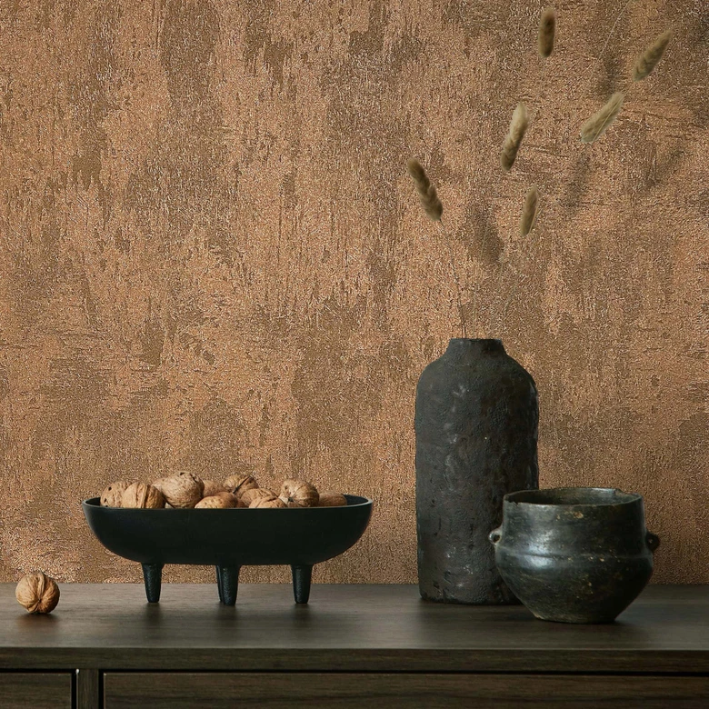 Vliesbehang betonlook metaallook modern glanzend in koper  