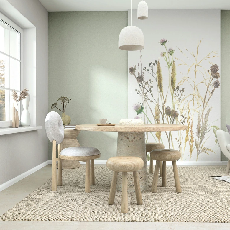 Papel pintado no tejido textil, liso texturado moderno mate en verde 