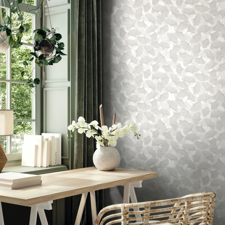 Vliestapete 3D, Blätter Floral Natur matt in Grau Weiß 