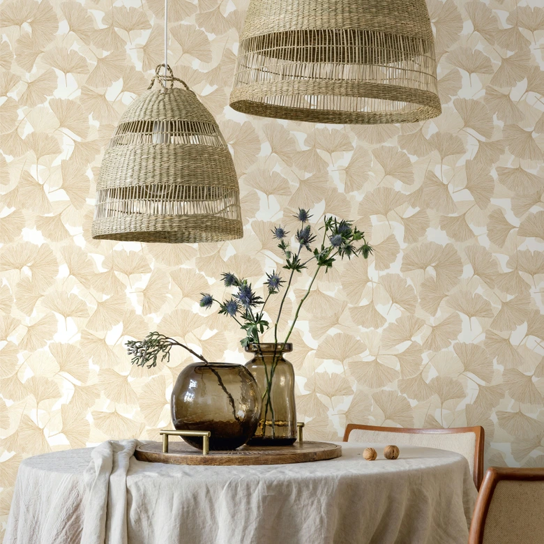 Vliestapete 3D, Blätter Floral Natur matt in Beige 