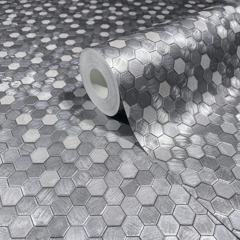 Vliestapete Sechskant, Metallisch Fliesenoptik Modern, Geometrisch glänzend in Silber - Papis Loveday 