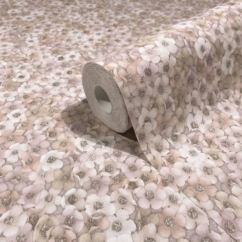 Non-woven wallpaper flowers, leaves floral nature, classic matt in pink-brown 