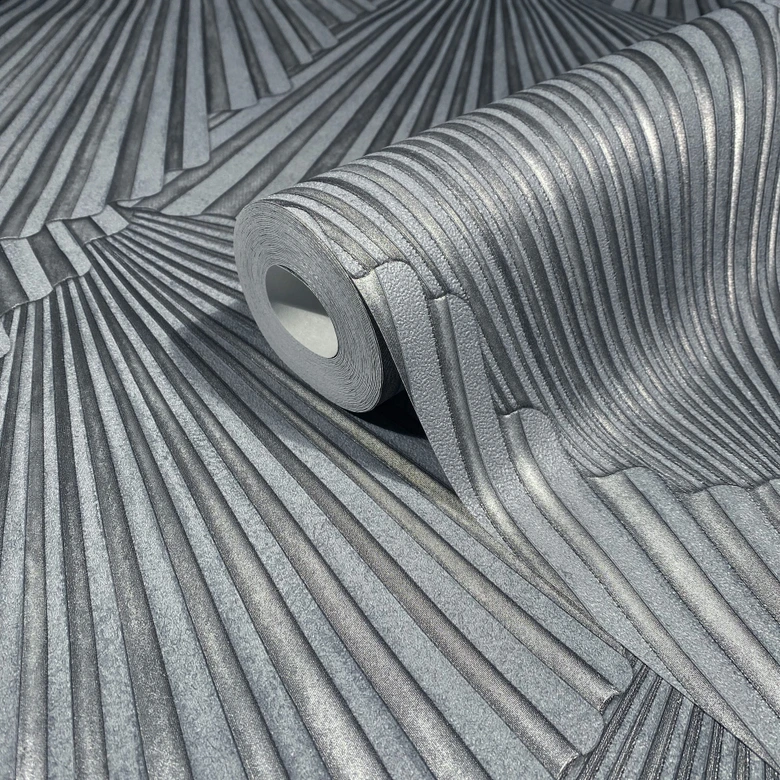 Non-woven wallpaper 3D look, stripes graphic geometric in gray  