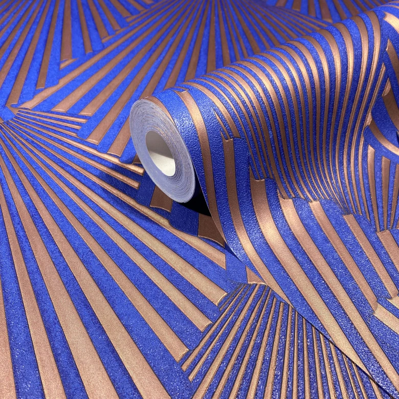 Non-woven wallpaper 3D look, stripes graphic geometric in blue  