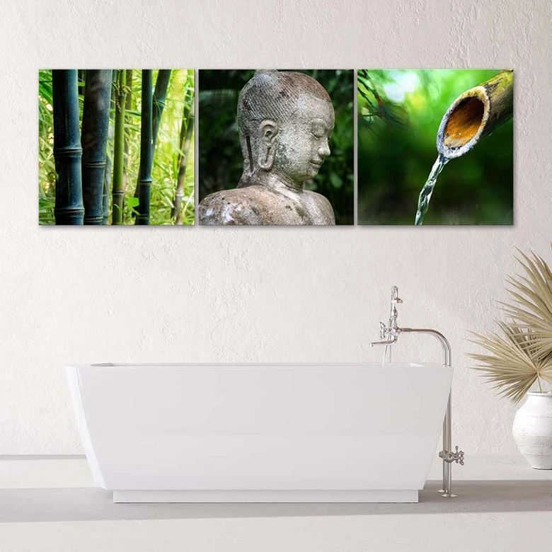 3 stykke lærredstryk Bambus Zen Buddha 