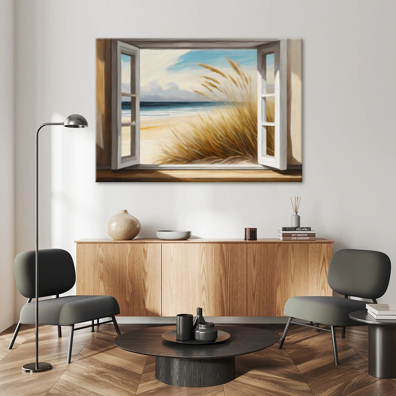 Leinwandbild, Blick aus dem Fenster auf den Strand 