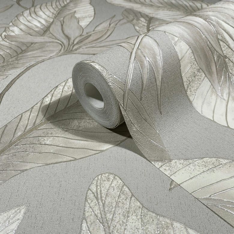 Non-woven wallpaper flowers, leaves floral nature in beige  