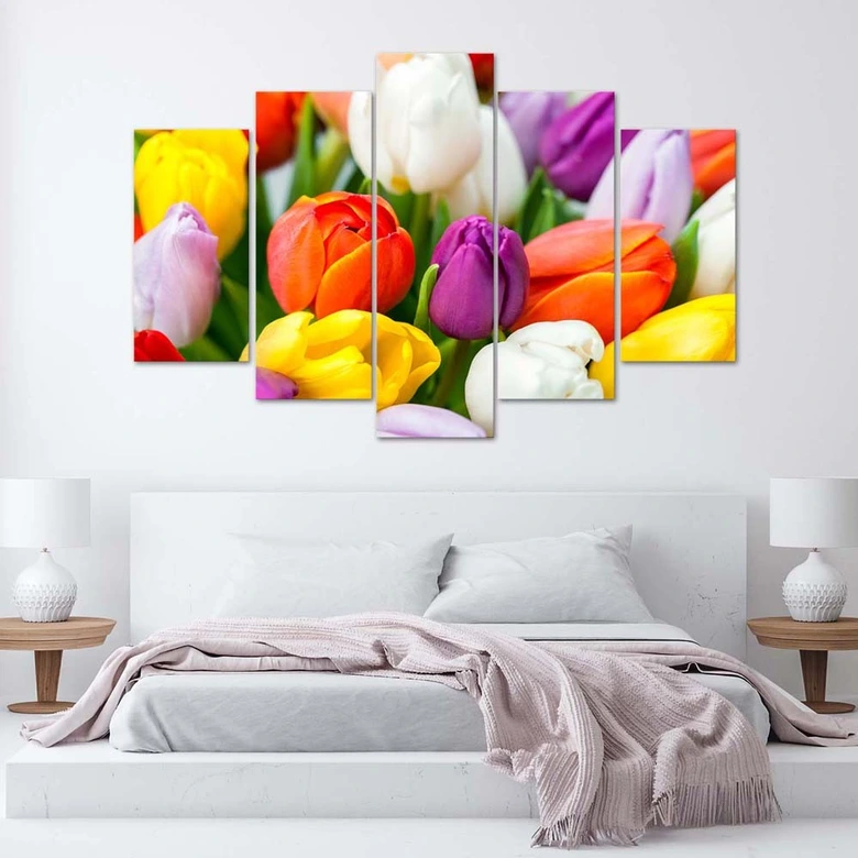 Leinwandbild 5 teilig, Bunte Tulpen Blumen 