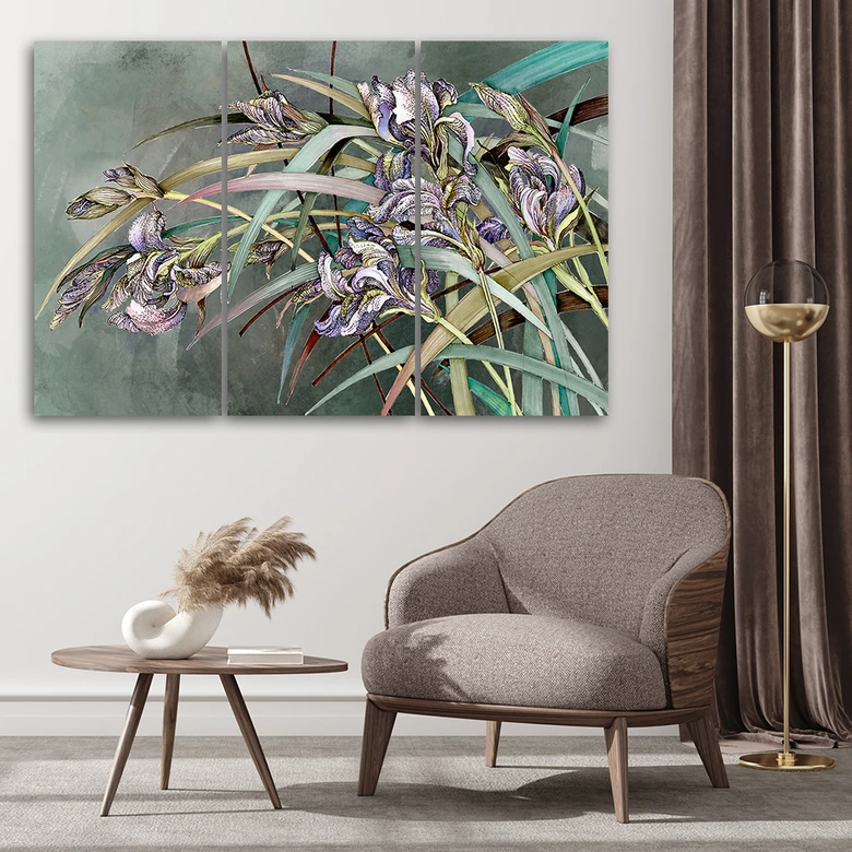 Leinwandbild 3 teilig, Iris Blumen im Wind 