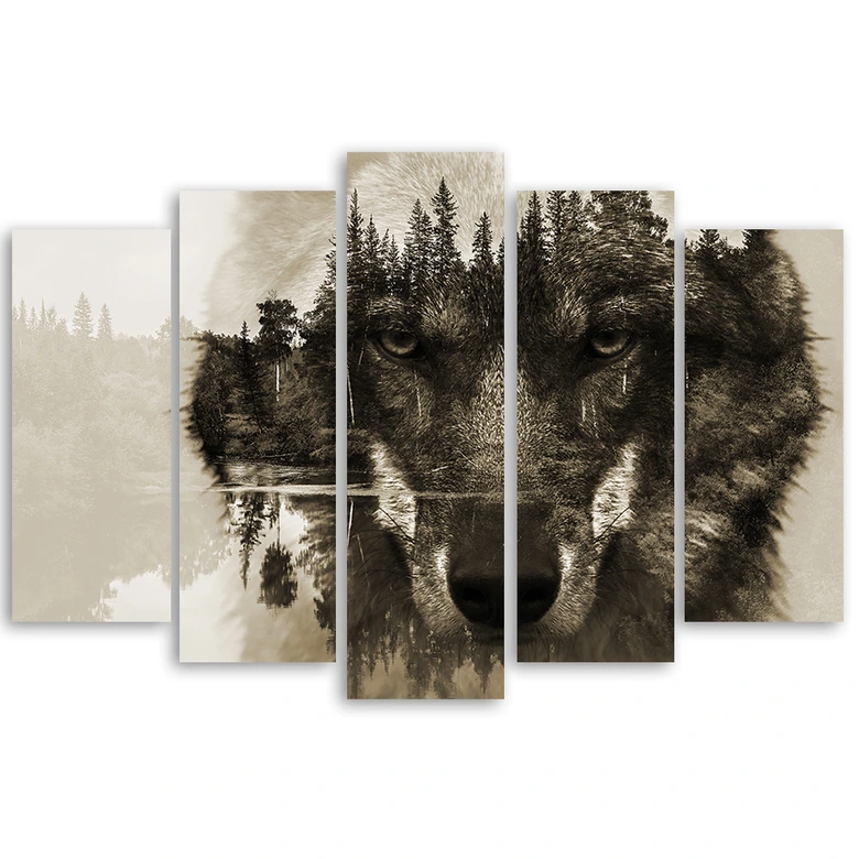 Leinwandbild 5 teilig, Wolf Tiere Schwarz Weiß 