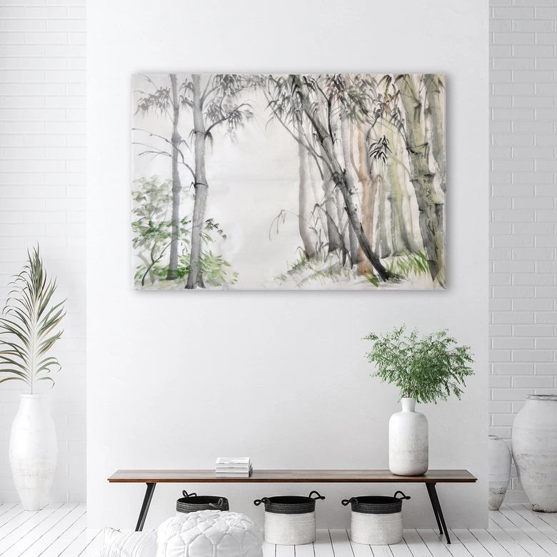 Leinwandbild, Graue Bäume Wald gemalt 
