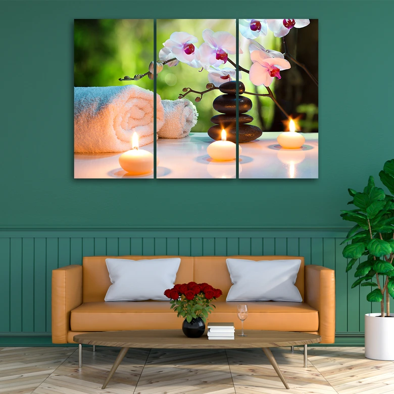 Leinwandbild 3-teilig, Handtuch Blumen Kerzen 