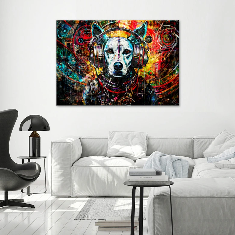 Leinwandbild, Hund mit Kopfhörern 