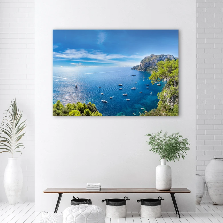 Canvasbillede, panorama af ø hav skibe 