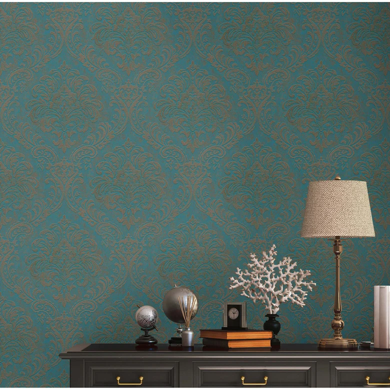 Vliesbehang barok petrol, blauw, goud - vintage vliesbehang met ornamenten 
