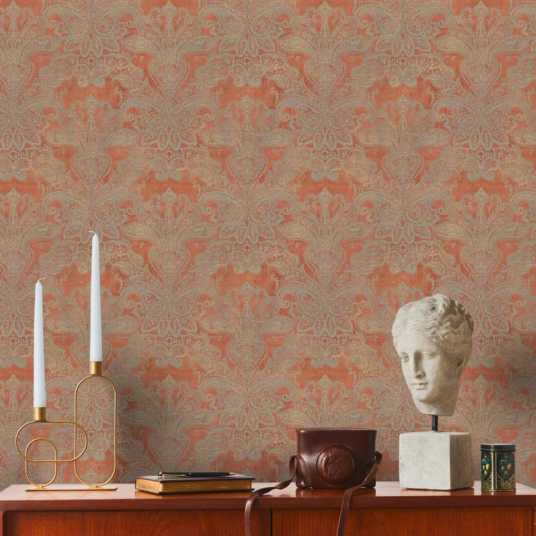 Papel pintado Barroco vintage naranja, gris - Muestra de papel pintado no tejido con ornamentos 
