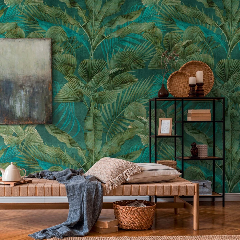 Fotomural selva verde petróleo hojas de palma azul  