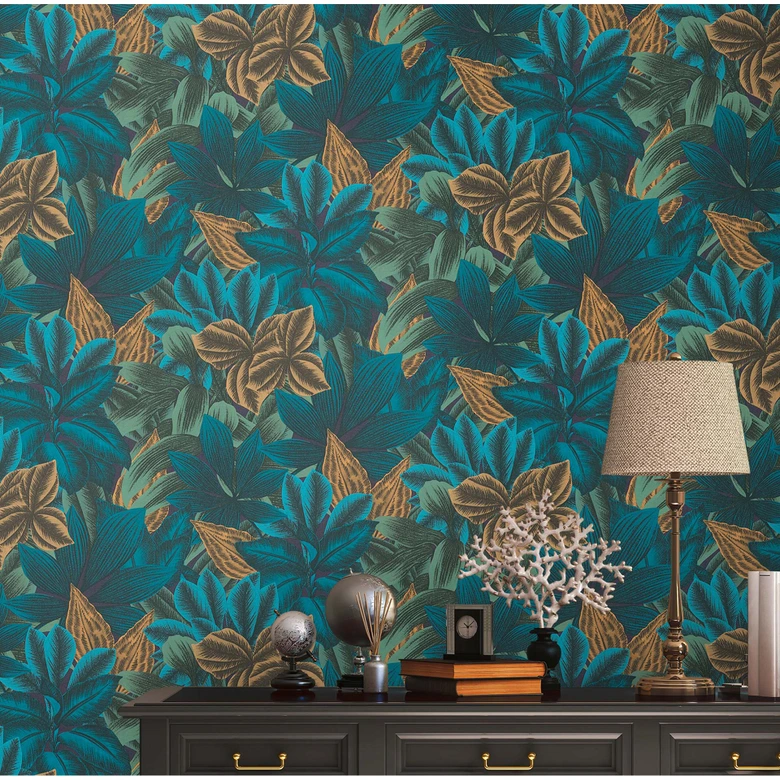 Icke-vävd tapet lämnar blågrön djungel tapet gul tapet naturblad kök 