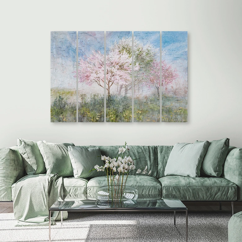 Leinwandbild 5 teilig, Ein blühender Baum in der alten Wiese 