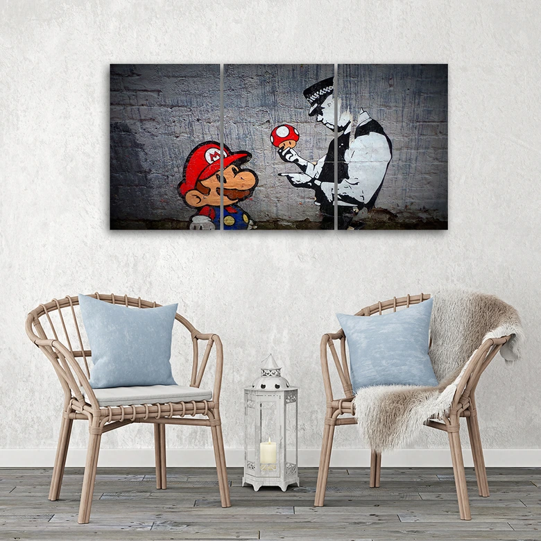 Leinwandbild 3-teilig, Banksy Mario Graffiti 