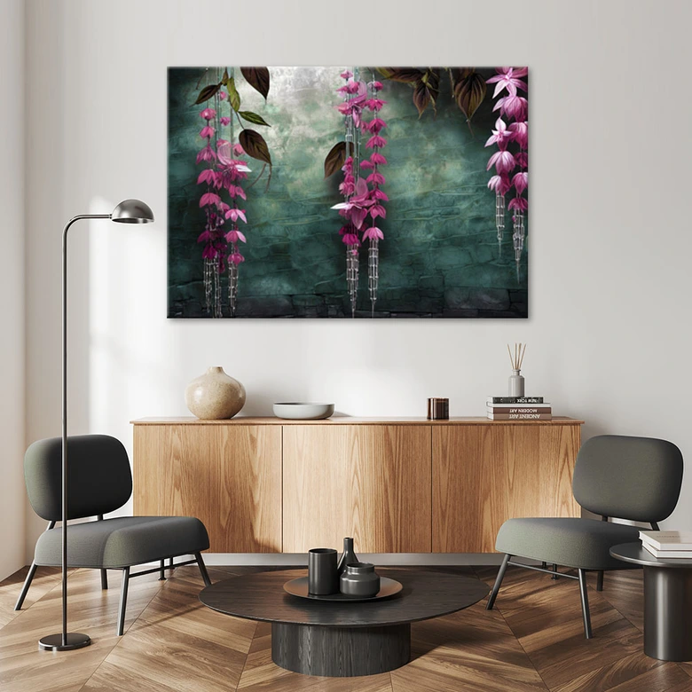 Leinwandbild Hängende Blätter und Blumen auf grünem Hintergrund 
