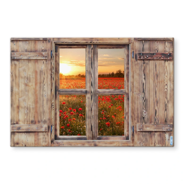 Spritzschutz 3D Holzfenster - Mohnblumen im Sonnenuntergang 