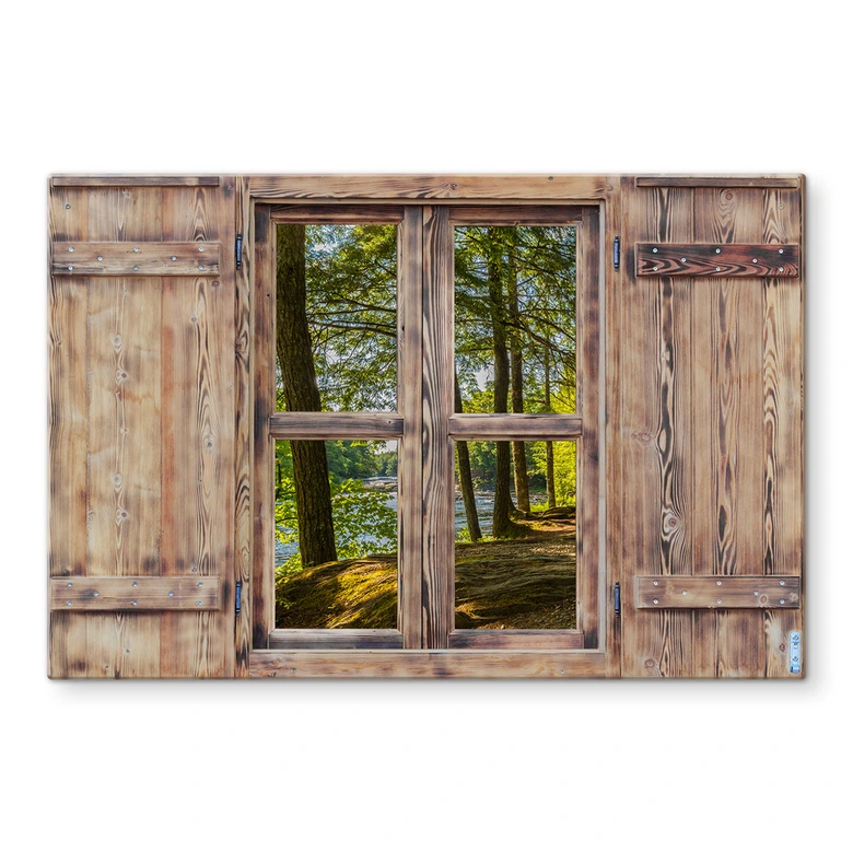 Spritzschutz 3D Holzfenster - Waldweg am Fluss 
