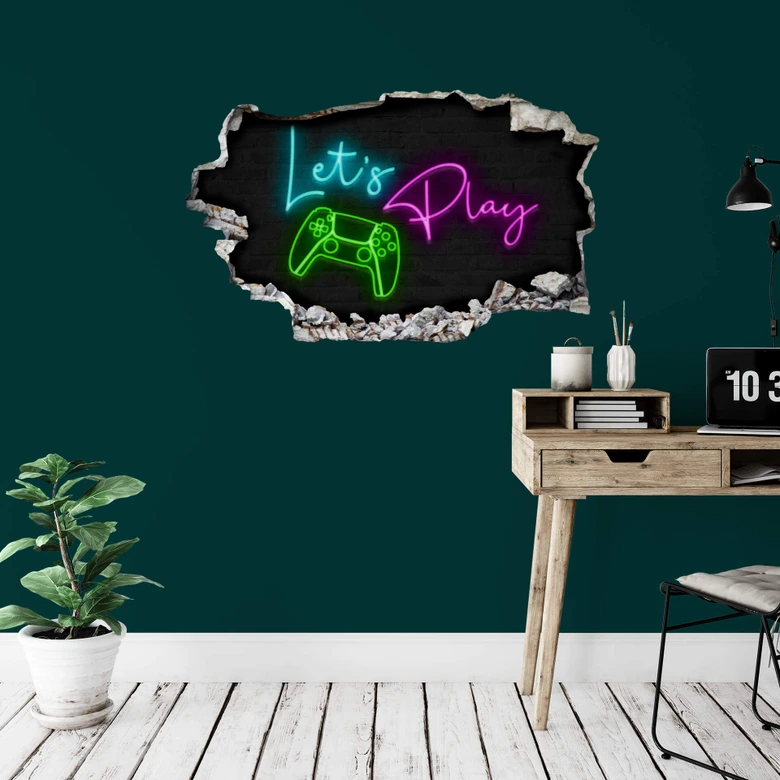 Sticker Mural Lets Play avec contrôleur de jeu - Lumière fluorescente 