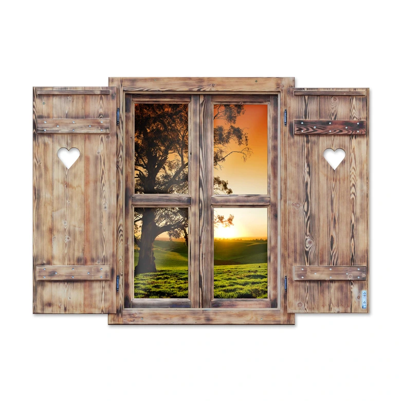 sticker mural 3D fenêtre en bois avec coeur - coucher de soleil sur les collines 