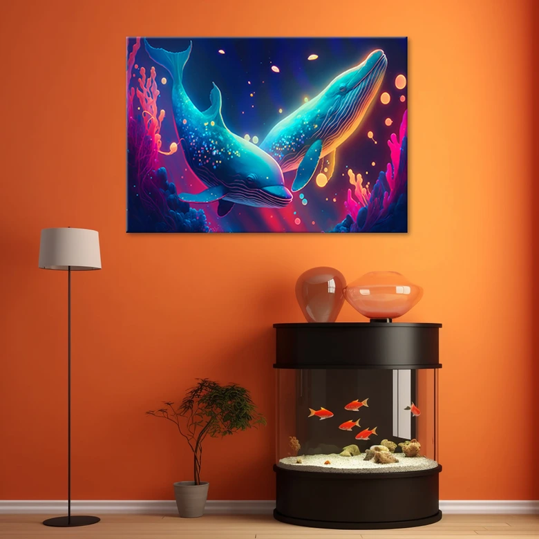 Leinwandbild, Neon-Wale unter Wasser 
