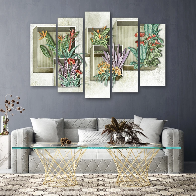 Leinwandbild 5 teilig, Quadratkisten Regale mit Blumen 