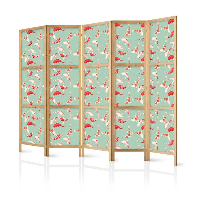 Japanischer Paravent, Raumteiler freistehend, Trennwand - Fish and Japanese Pattern 