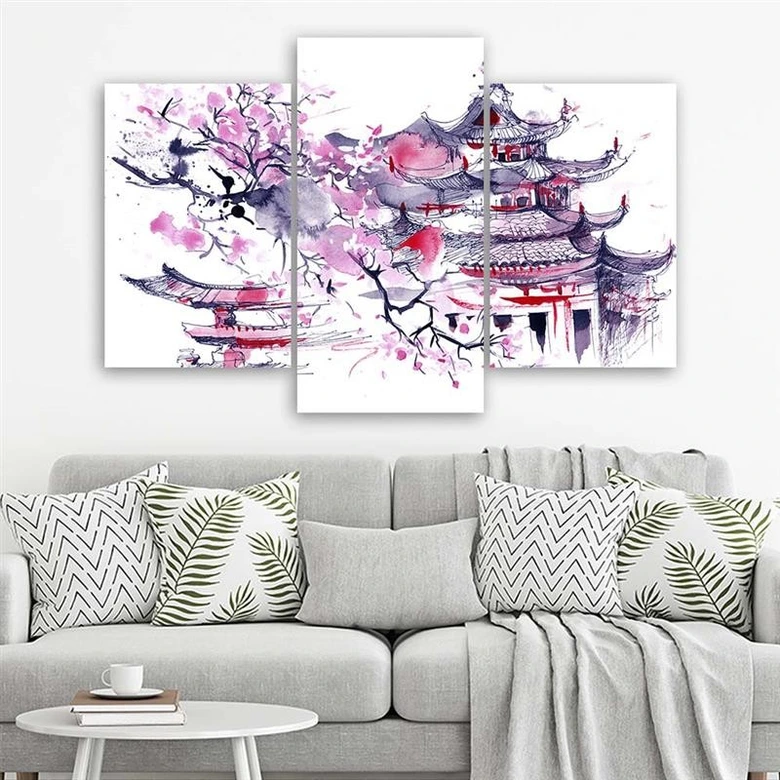 Leinwandbild 3-teilig, Pagode Kirschbaum Japan Gemalt 