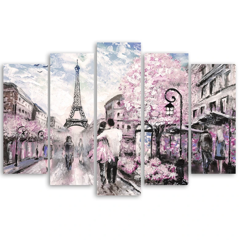 Leinwandbild 5 teilig, Frankreich Pariser Turm Pastell 