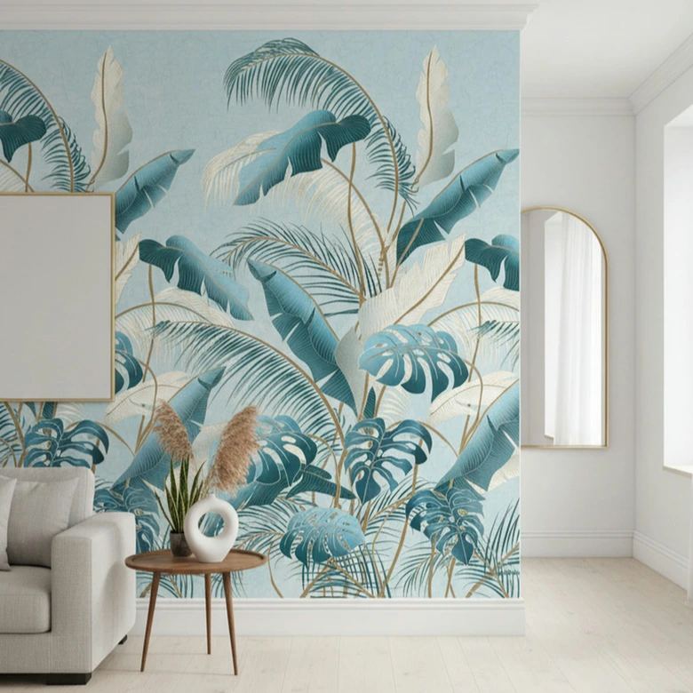 Fototapete Blumen, Blätter Floral Vliestapete Natur, Dschungel matt in Blau 2,70 x 1,59 m 