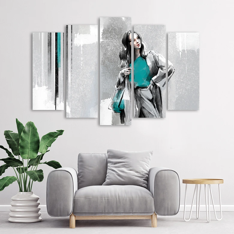 Leinwandbild 5 teilig, Eine Frau in einem Mantel 
