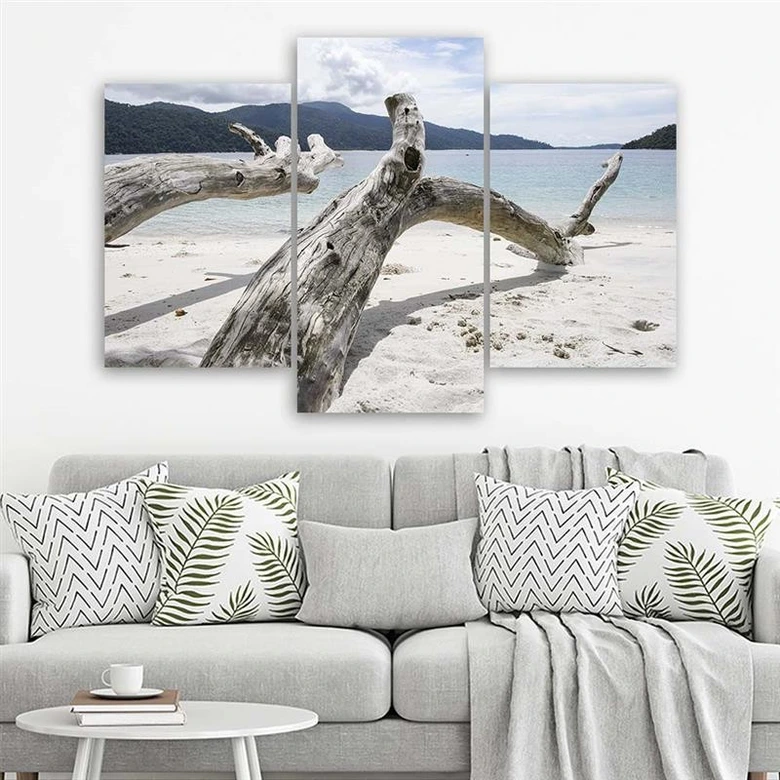 3 stykke lærredstryk, trægren Sea Beach Mountains 