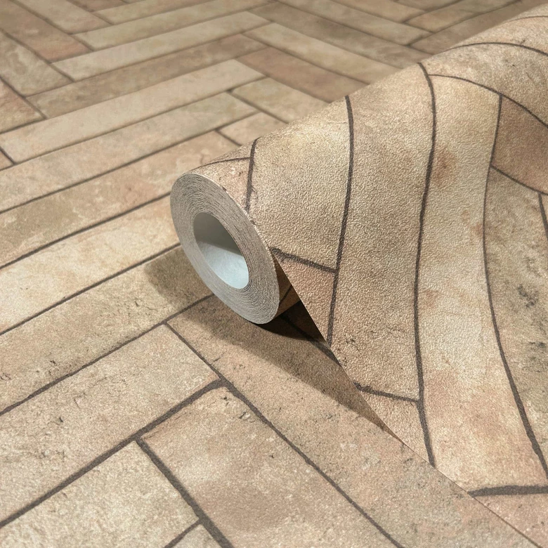 vliesbehang met visgraatmotief beige steeneffect 