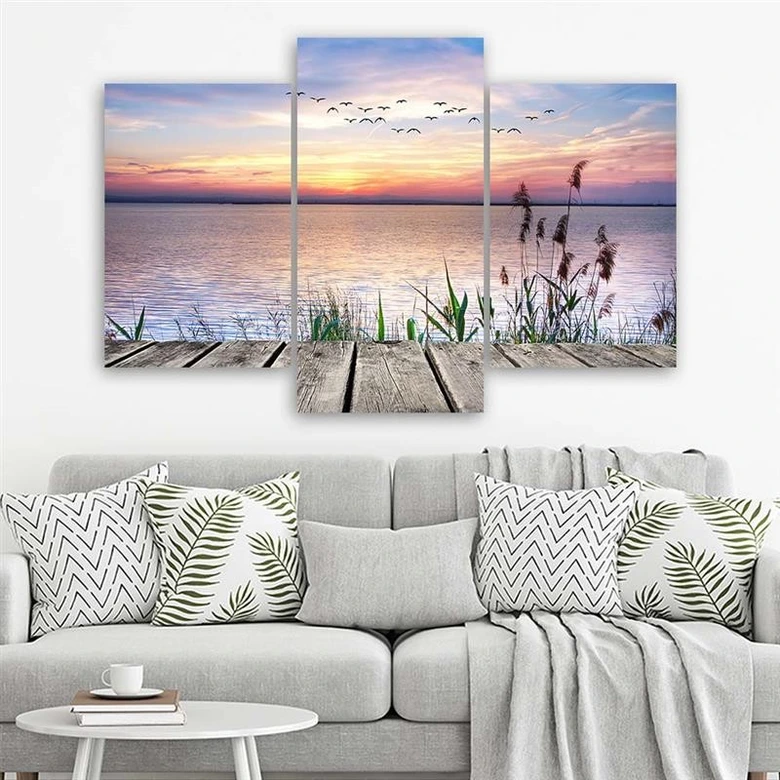 Leinwandbild 3-teilig, Sonnenuntergang Steg See 