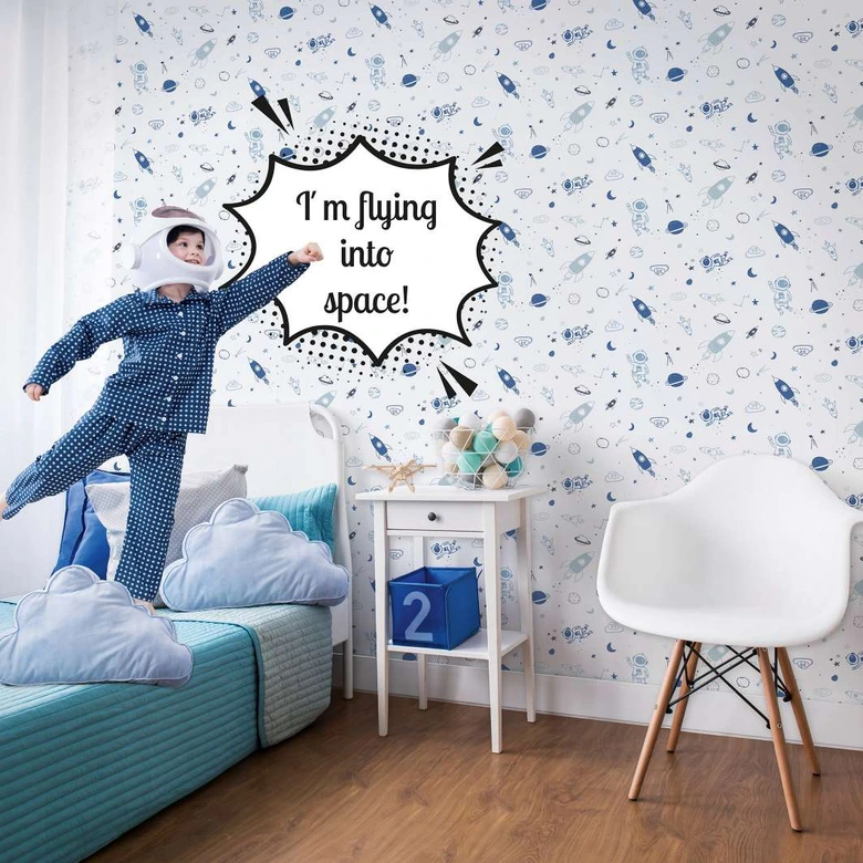 Kindertapete, Vliestapete mit Illustration Kids Walls weiß, blau 