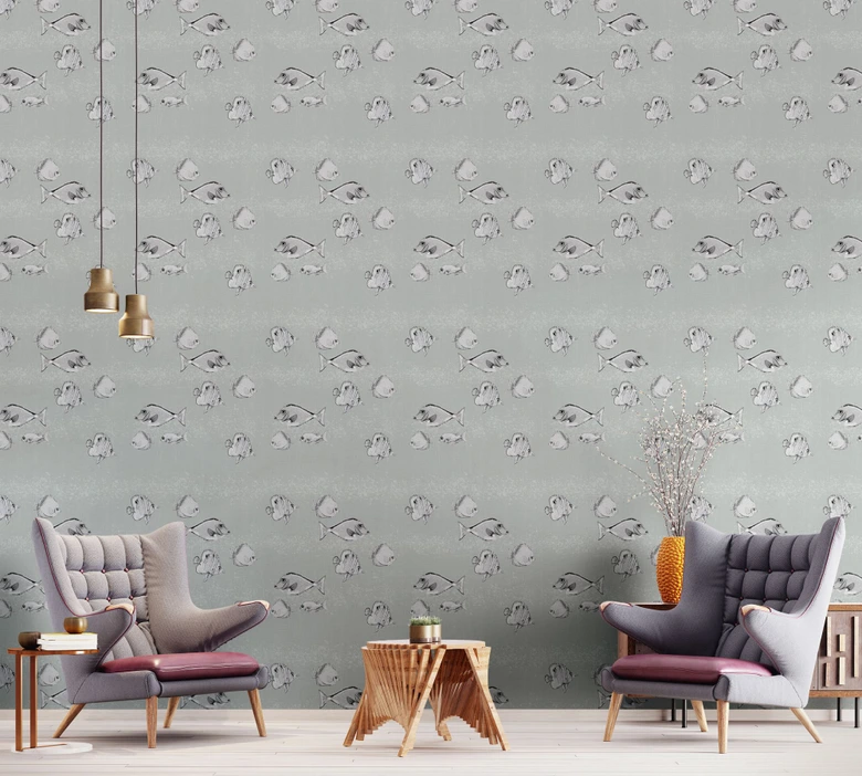 Fototapete mit Fischen, Grau Illustration 3.40 x 1.59 m 