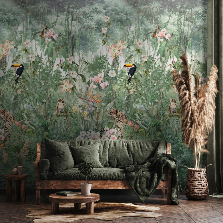 Fotobehang met motief jungle dieren en bloemen met toekan aquarel 2,7 x 1,59 m 