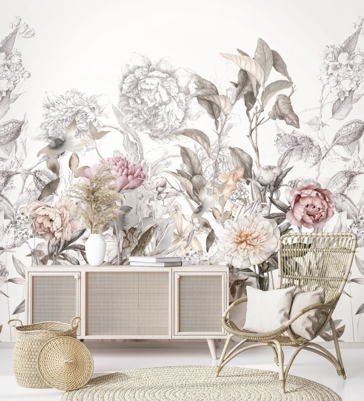 Fototapet med motiv av vintageblomma i grå rosé 2,7 x 2,65 m 