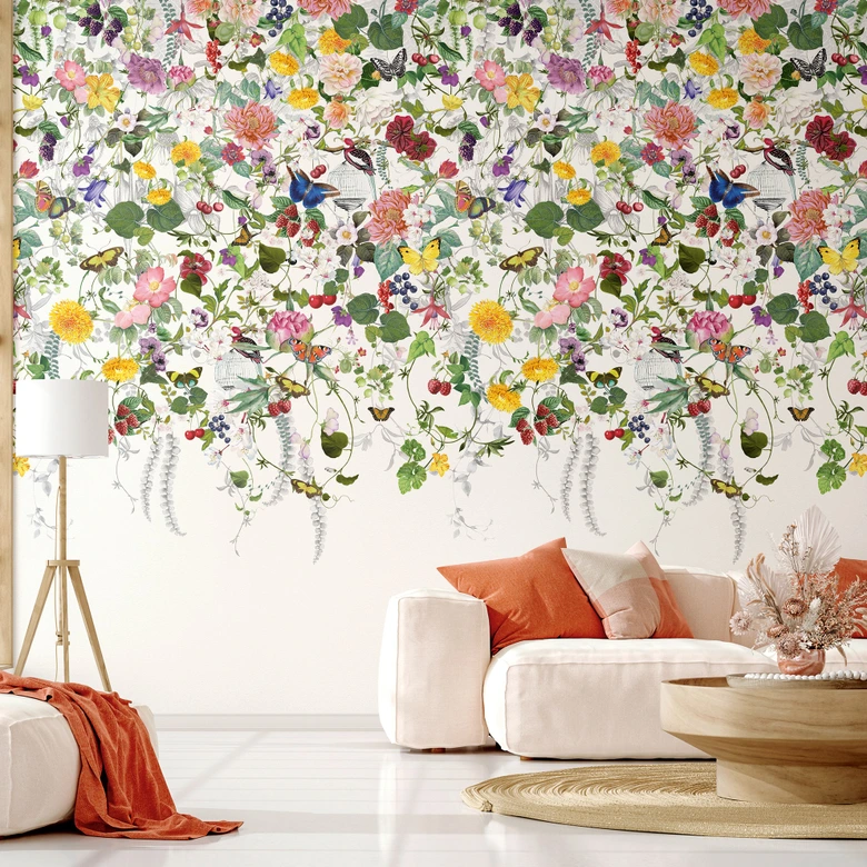 Fotobehang Kleurrijke bloemenweide met vlinders en bessen vintage 2,7 x 1,59 m 