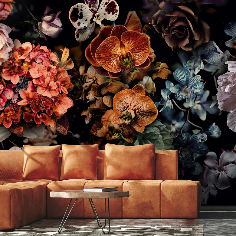 Fotomurale con motivo floral oscuro ramo de flores en negro con orquídeas 2,7 x 2,12 m 