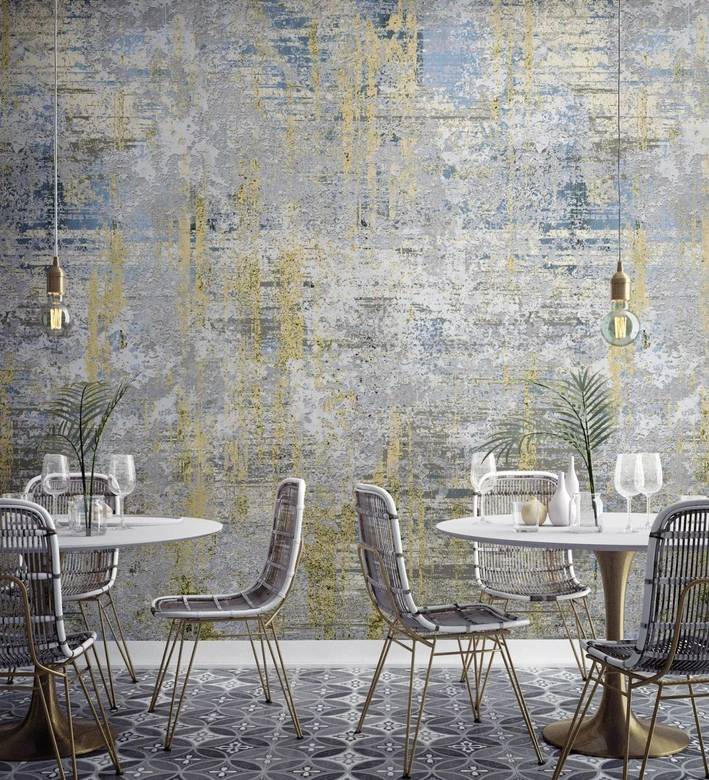 Fototapete Bildtapete Abstrakte Wandstruktur in Grau Blau mit Goldakzenten in Used 2,7 x 2,12 m 
