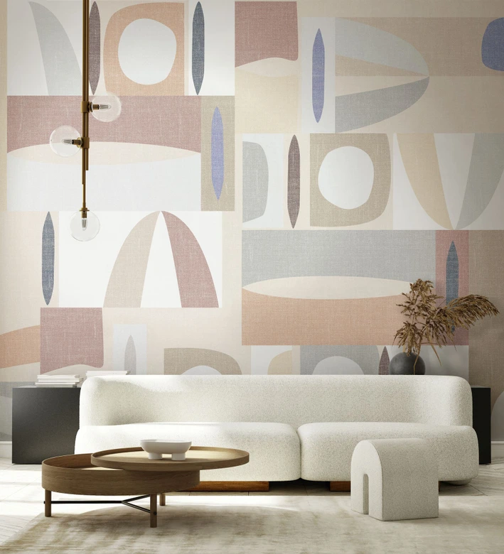 Fototapete Motivtapete Abstrakte Mid-Century Geometrie in Beige, Rosé und Blau 2,7 x 2,12 m 