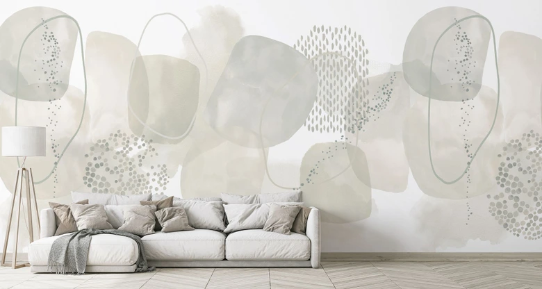 Fototapete Motivtapete Greige Abstraktion mit Aquarellflächen und Punktmuster 2,7 x 2,12 m 