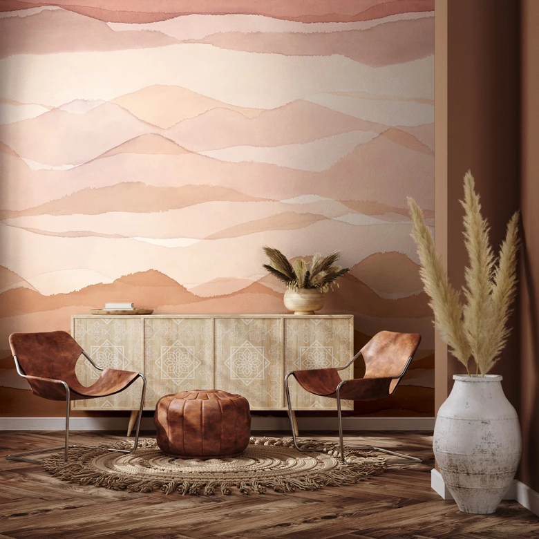 Wall Mural with motif Delicate watercolor landscape in beige and rosé 2.7 x 2.65 m 