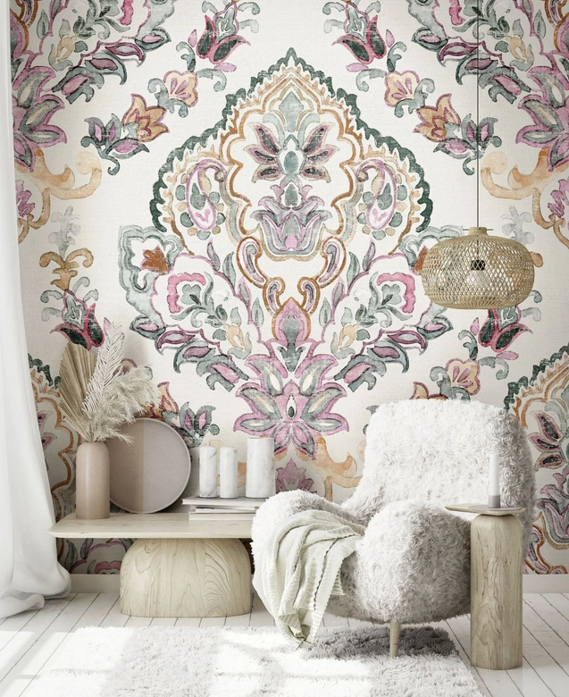 Fototapete Wandtapete mit Motiv Boho Ornament in Pastell mit floralem Medaillon 3,4 x 2,65 m 